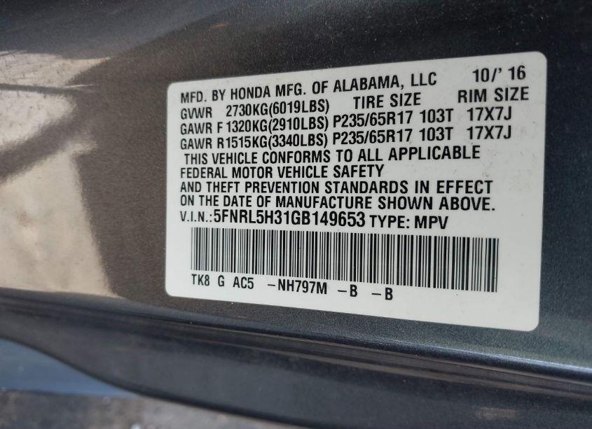 Photo 9 of 2016 Honda Odyssey SE (VIN 5FNRL5H31GB149653)