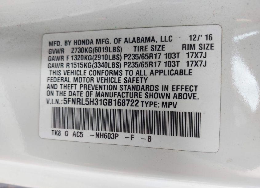 Photo 9 of 2016 Honda Odyssey SE (VIN 5FNRL5H31GB168722)