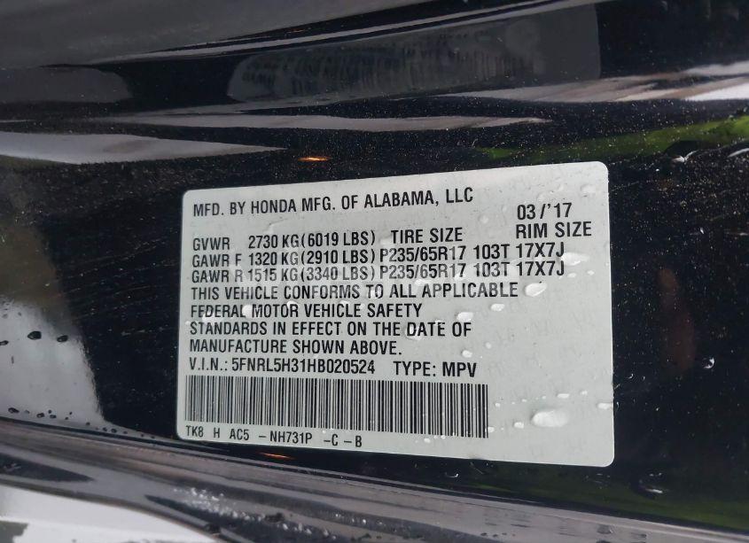 Photo 9 of 2017 Honda Odyssey SE (VIN 5FNRL5H31HB020524)