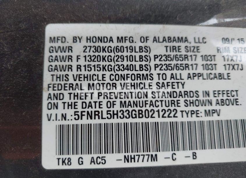 Photo 9 of 2016 Honda Odyssey SE (VIN 5FNRL5H33GB021222)