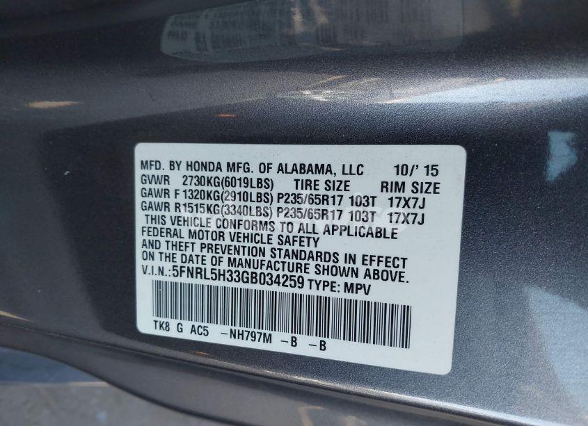 Photo 9 of 2016 Honda Odyssey SE (VIN 5FNRL5H33GB034259)