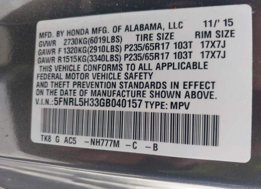 Photo 9 of 2016 Honda Odyssey SE (VIN 5FNRL5H33GB040157)