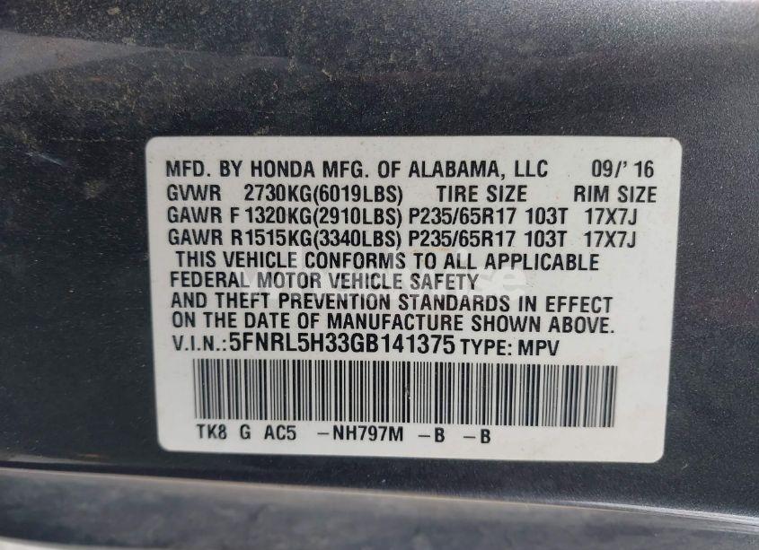 Photo 9 of 2016 Honda Odyssey SE (VIN 5FNRL5H33GB141375)