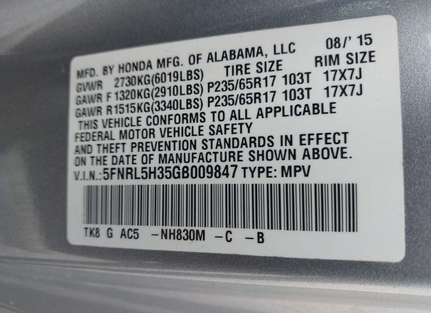 Photo 9 of 2016 Honda Odyssey SE (VIN 5FNRL5H35GB009847)