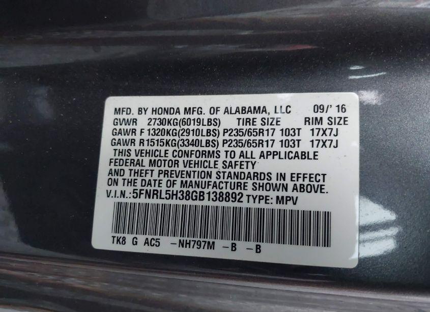 Photo 9 of 2016 Honda Odyssey SE (VIN 5FNRL5H38GB138892)