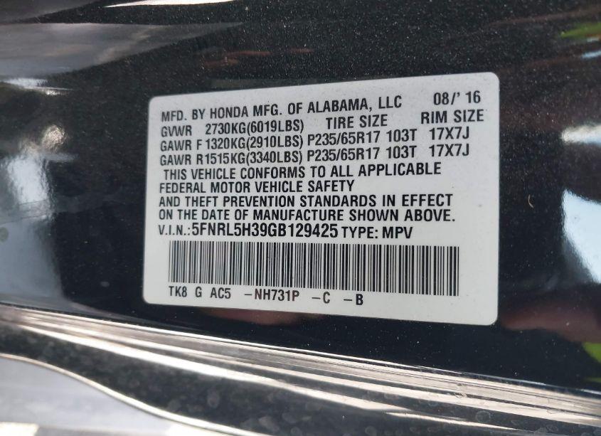 Photo 9 of 2016 Honda Odyssey SE (VIN 5FNRL5H39GB129425)