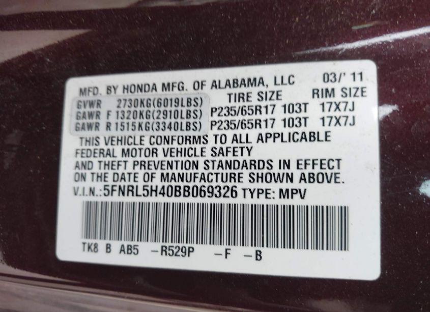 Photo 9 of 2011 Honda Odyssey EX (VIN 5FNRL5H40BB069326)