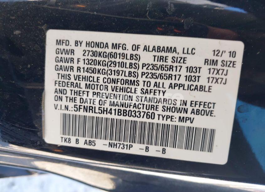 Photo 9 of 2011 Honda Odyssey EX (VIN 5FNRL5H41BB033760)