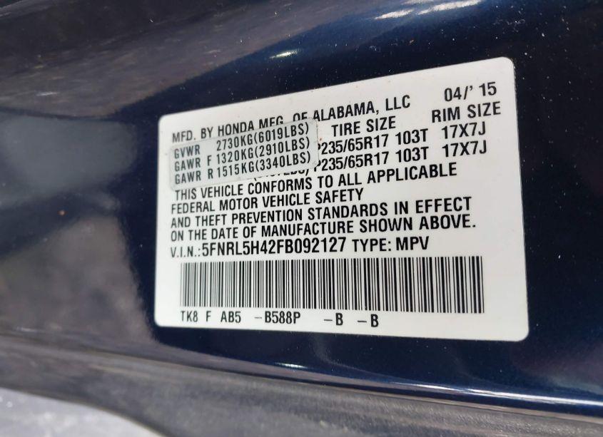 Photo 9 of 2015 Honda Odyssey EX (VIN 5FNRL5H42FB092127)