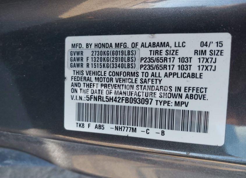 Photo 9 of 2015 Honda Odyssey EX (VIN 5FNRL5H42FB093097)