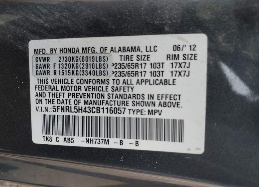 Photo 9 of 2012 Honda Odyssey EX (VIN 5FNRL5H43CB116057)