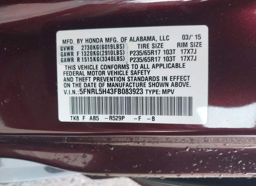 Photo 9 of 2015 Honda Odyssey EX (VIN 5FNRL5H43FB083923)