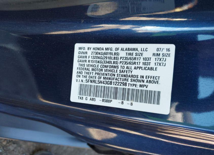 Photo 9 of 2016 Honda Odyssey EX (VIN 5FNRL5H43GB122298)