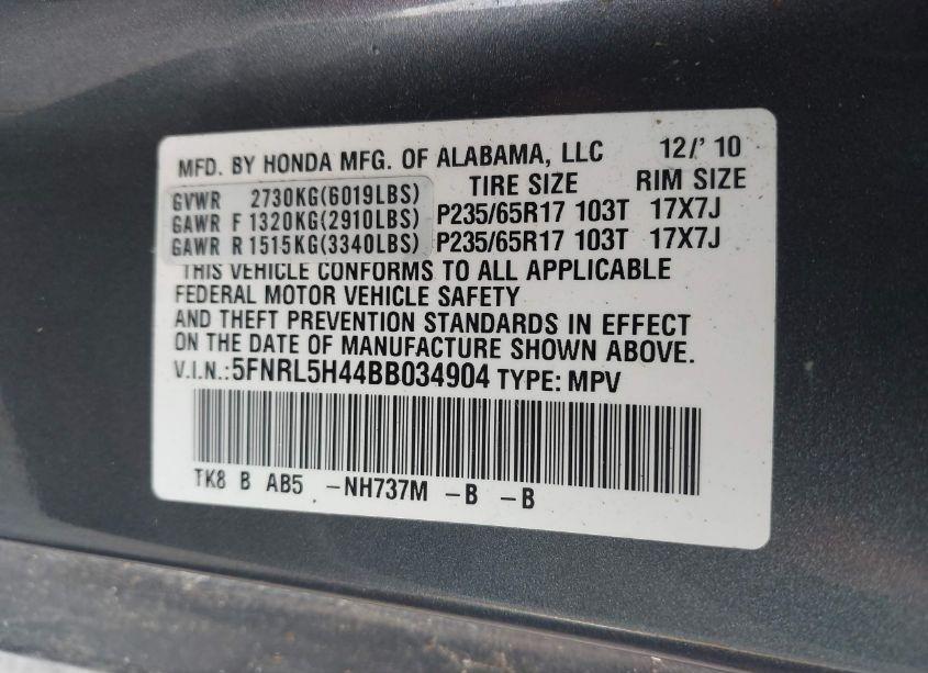 Photo 9 of 2011 Honda Odyssey EX (VIN 5FNRL5H44BB034904)