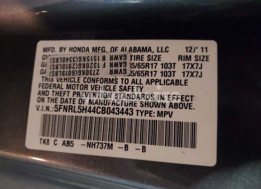 Photo 9 of 2012 Honda Odyssey EX (VIN 5FNRL5H44CB043443)