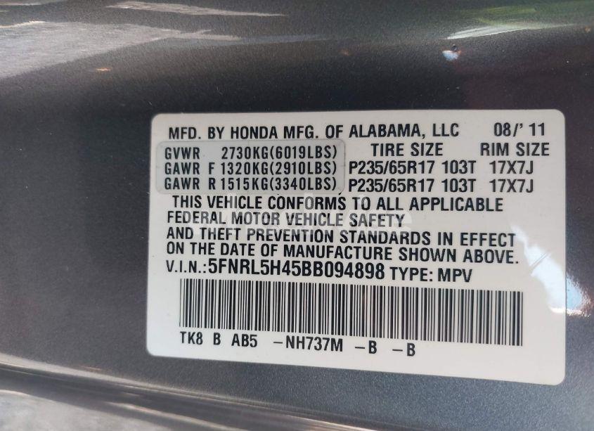 Photo 9 of 2011 Honda Odyssey EX (VIN 5FNRL5H45BB094898)
