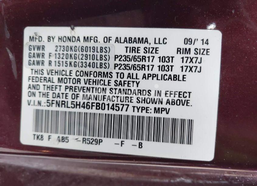 Photo 9 of 2015 Honda Odyssey EX (VIN 5FNRL5H46FB014577)