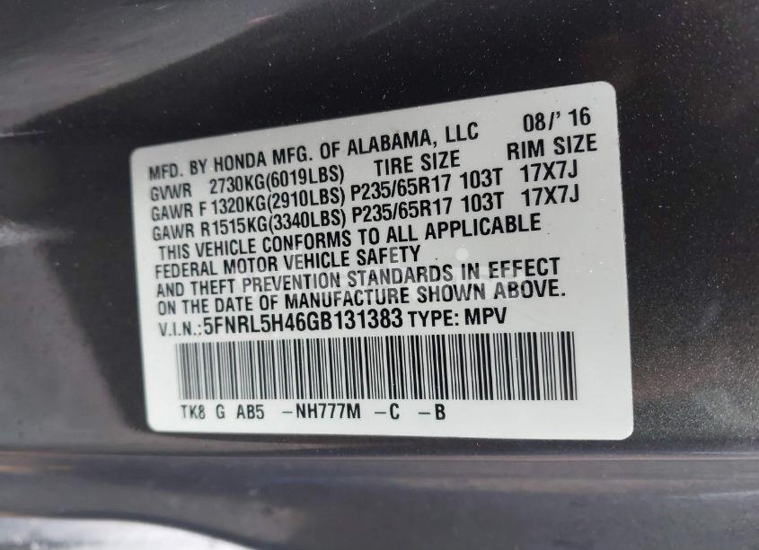 Photo 9 of 2016 Honda Odyssey EX (VIN 5FNRL5H46GB131383)