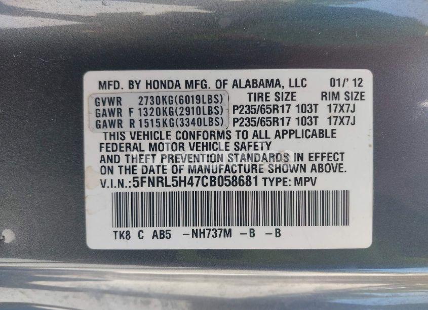 Photo 9 of 2012 Honda Odyssey EX (VIN 5FNRL5H47CB058681)