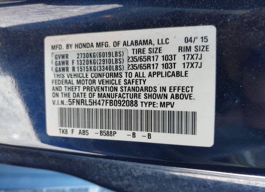 Photo 9 of 2015 Honda Odyssey EX (VIN 5FNRL5H47FB092088)