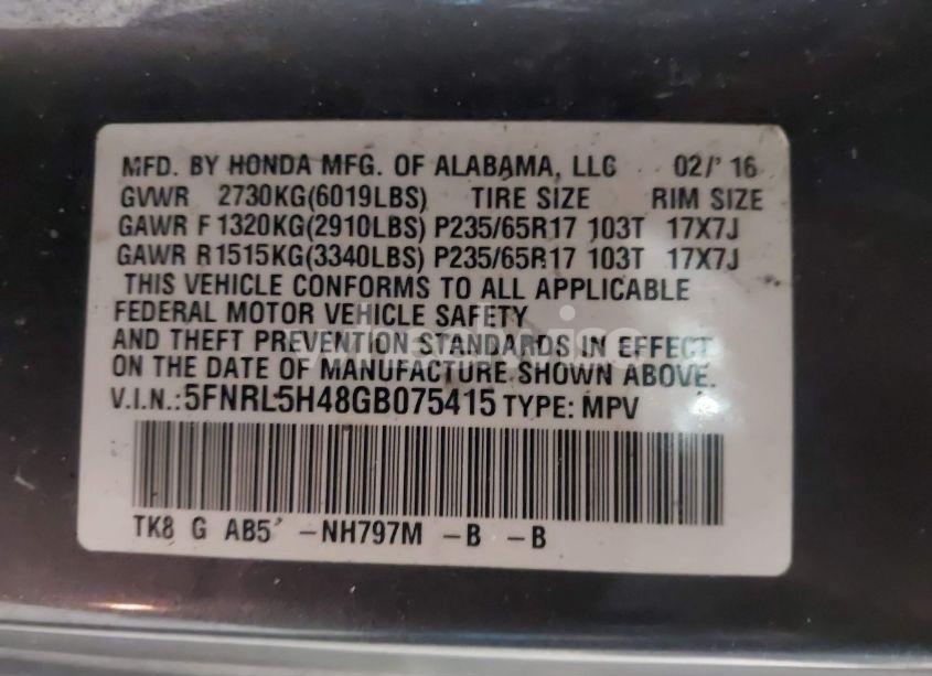 Photo 9 of 2016 Honda Odyssey EX (VIN 5FNRL5H48GB075415)