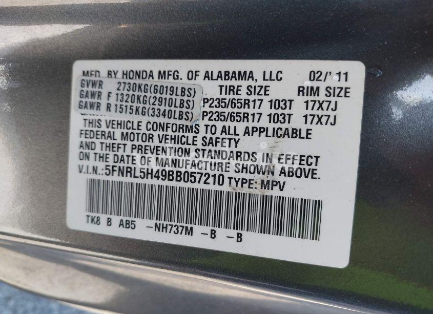 Photo 9 of 2011 Honda Odyssey EX (VIN 5FNRL5H49BB057210)