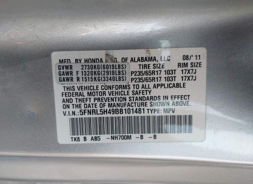 Photo 9 of 2011 Honda Odyssey EX (VIN 5FNRL5H49BB101481)