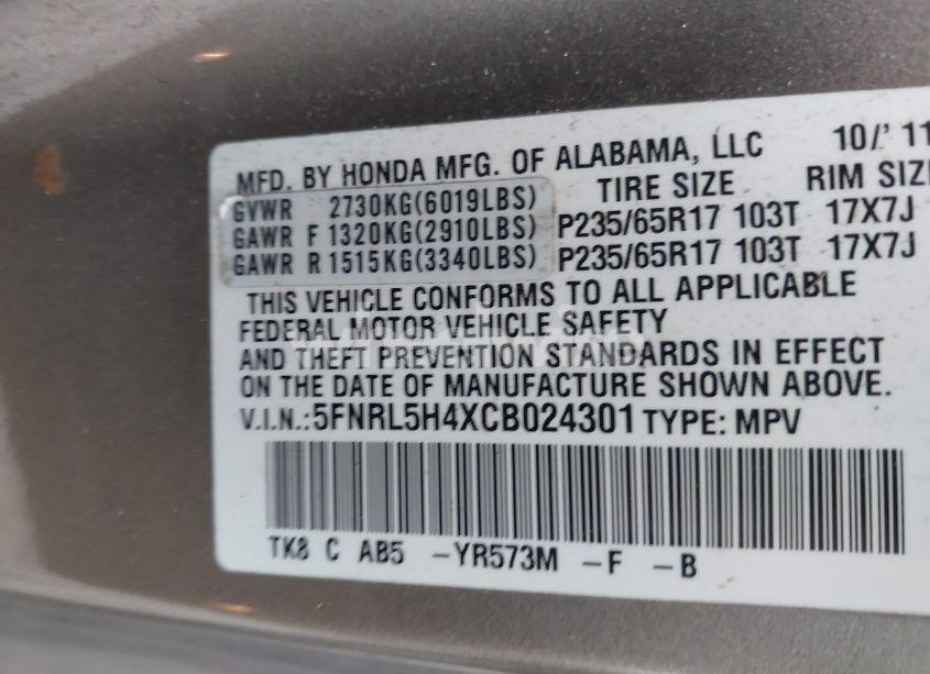 Photo 9 of 2012 Honda Odyssey EX (VIN 5FNRL5H4XCB024301)