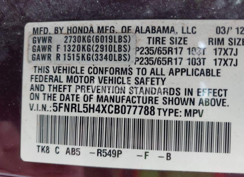 Photo 9 of 2012 Honda Odyssey EX (VIN 5FNRL5H4XCB077788)