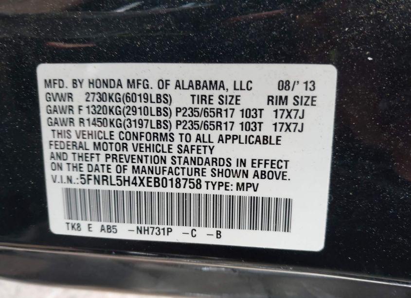 Photo 9 of 2014 Honda Odyssey EX (VIN 5FNRL5H4XEB018758)