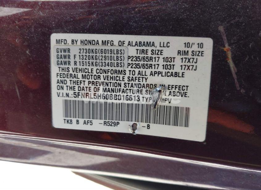 Photo 9 of 2011 Honda Odyssey EX-L (VIN 5FNRL5H60BB016613)