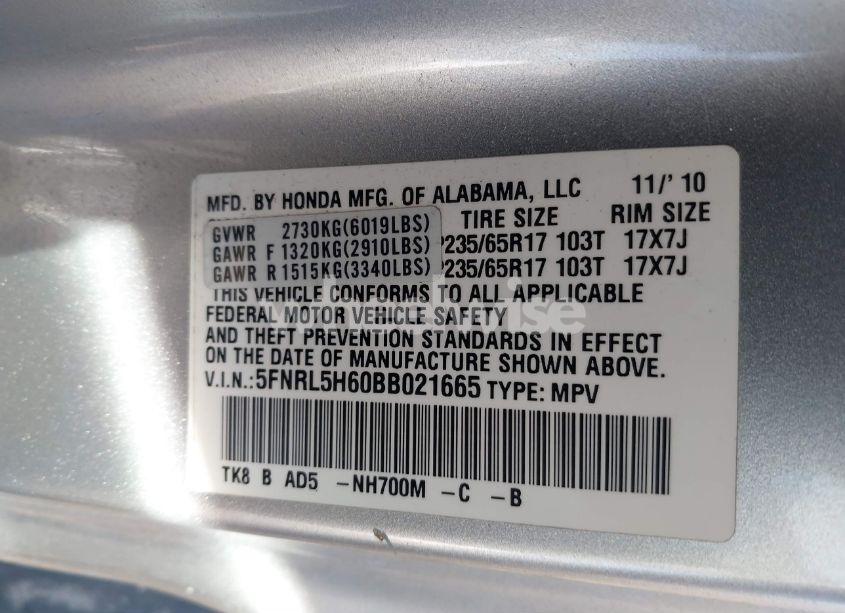 Photo 9 of 2011 Honda Odyssey EX-L (VIN 5FNRL5H60BB021665)