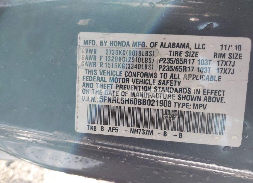 Photo 9 of 2011 Honda Odyssey EX-L (VIN 5FNRL5H60BB021908)