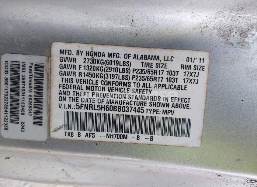 Photo 9 of 2011 Honda Odyssey EX-L (VIN 5FNRL5H60BB037445)