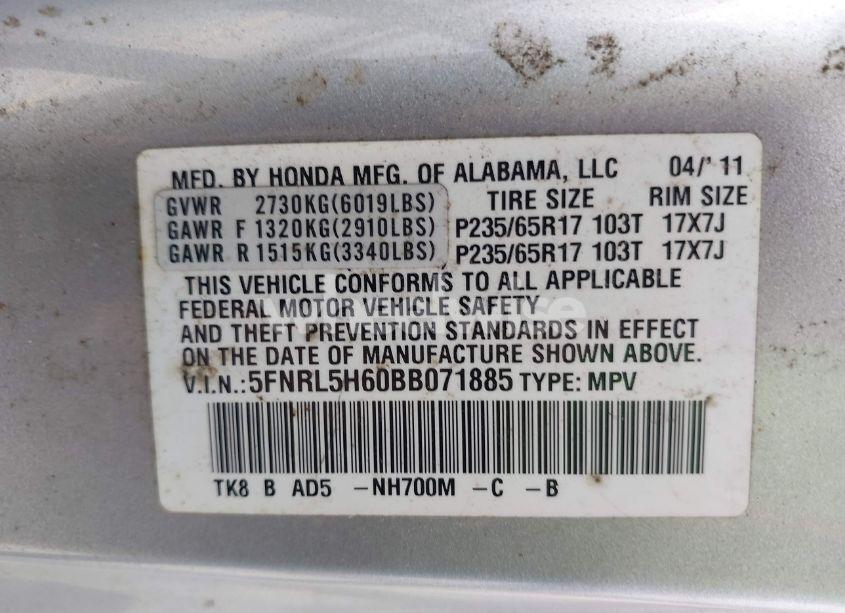 Photo 9 of 2011 Honda Odyssey EX-L (VIN 5FNRL5H60BB071885)