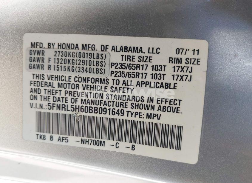 Photo 9 of 2011 Honda Odyssey EX-L (VIN 5FNRL5H60BB091649)