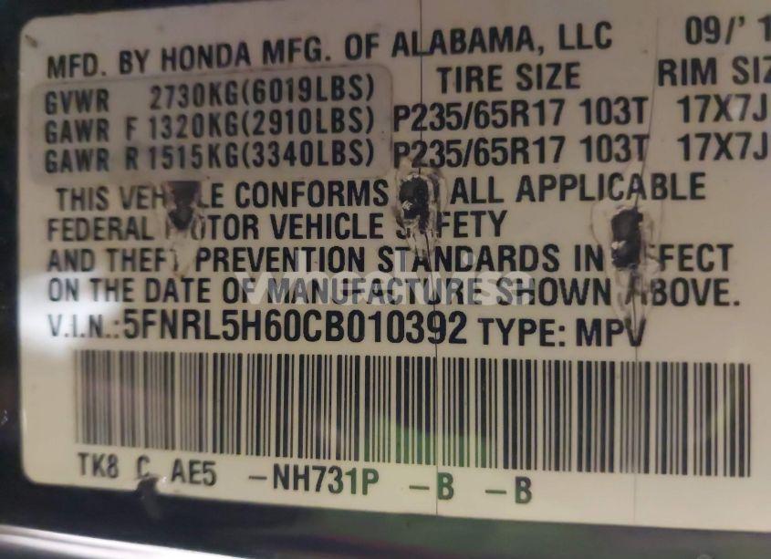 Photo 9 of 2012 Honda Odyssey EX-L (VIN 5FNRL5H60CB010392)
