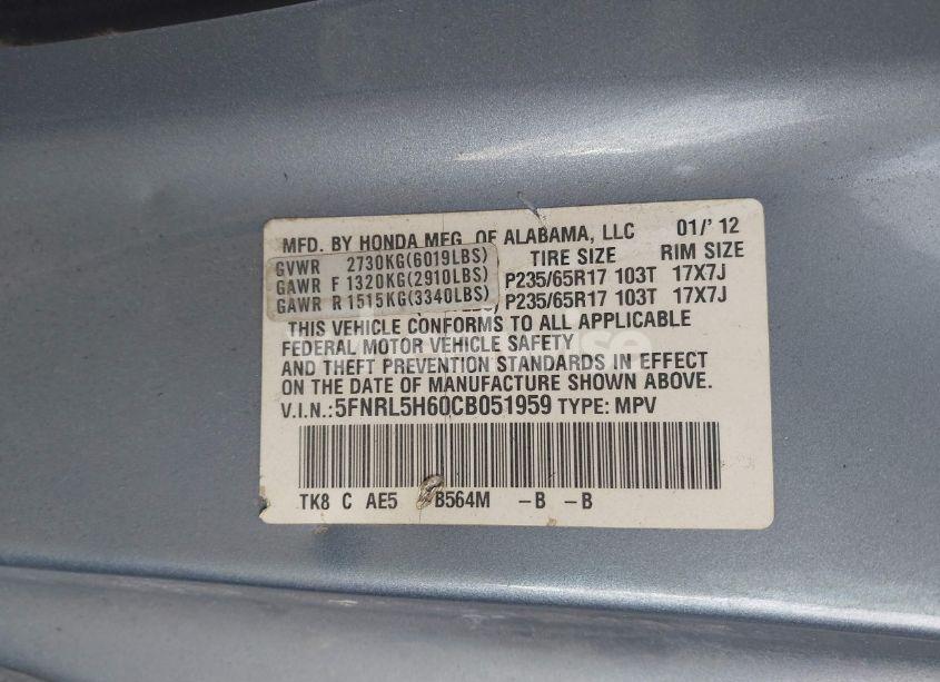 Photo 9 of 2012 Honda Odyssey EX-L (VIN 5FNRL5H60CB051959)