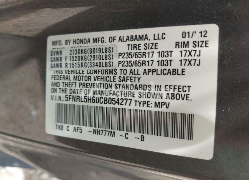 Photo 9 of 2012 Honda Odyssey EX-L (VIN 5FNRL5H60CB054277)