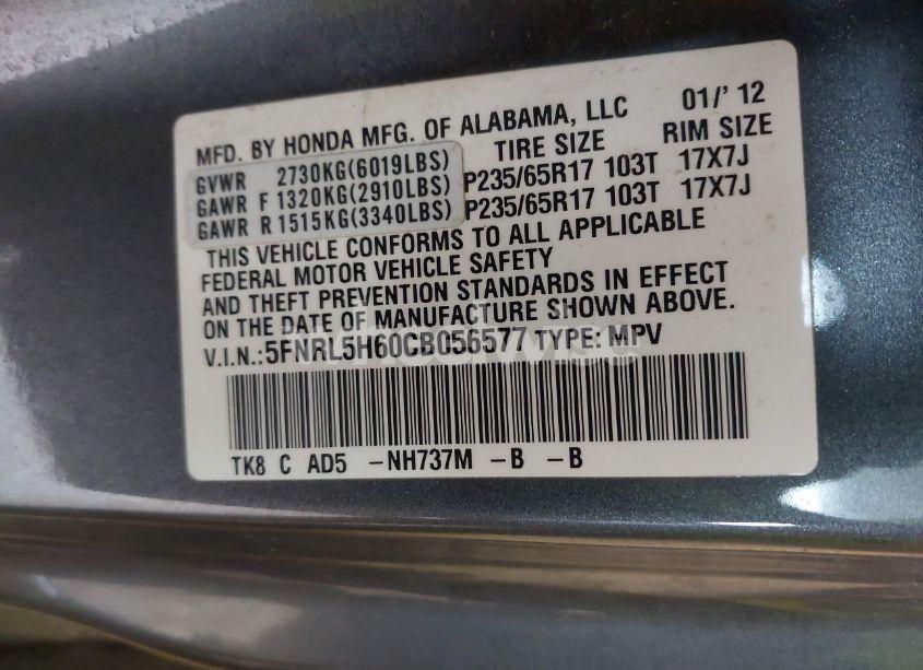 Photo 9 of 2012 Honda Odyssey EX-L (VIN 5FNRL5H60CB056577)