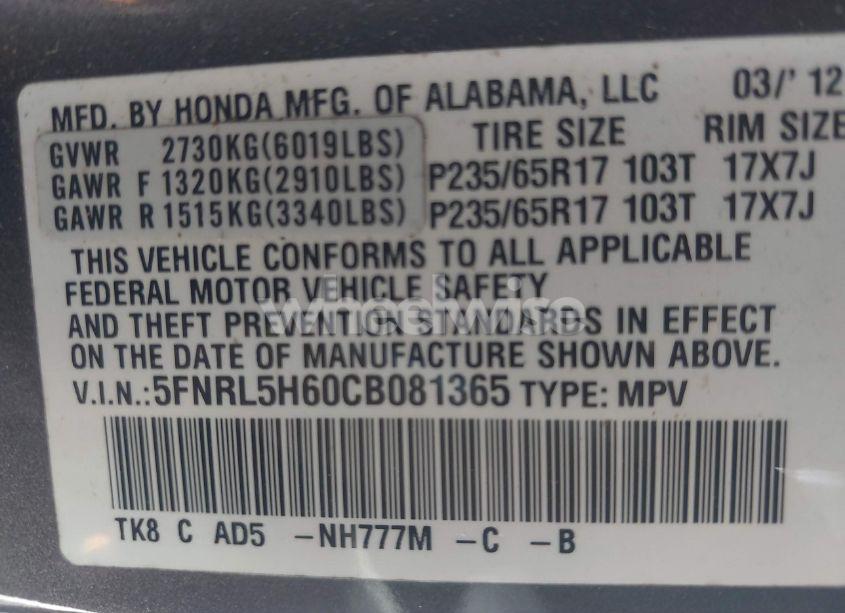 Photo 9 of 2012 Honda Odyssey EX-L (VIN 5FNRL5H60CB081365)