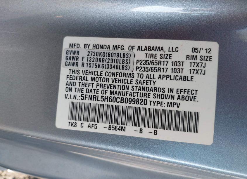 Photo 9 of 2012 Honda Odyssey EX-L (VIN 5FNRL5H60CB099820)