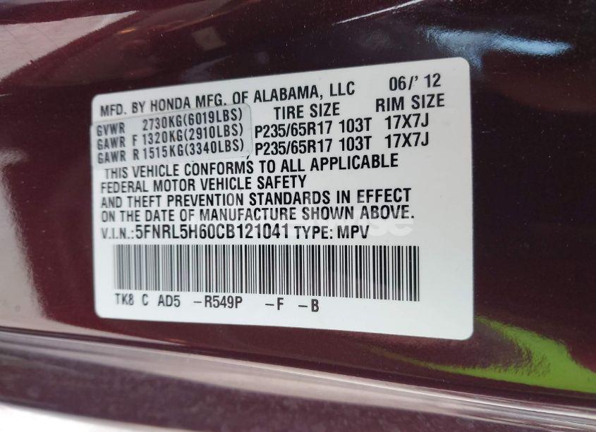 Photo 9 of 2012 Honda Odyssey EX-L (VIN 5FNRL5H60CB121041)
