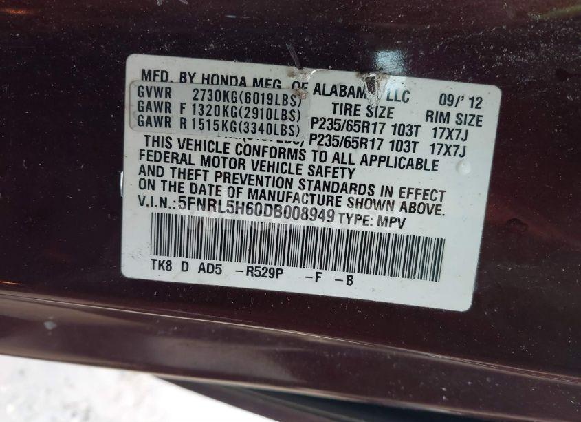 Photo 9 of 2013 Honda Odyssey EX-L (VIN 5FNRL5H60DB008949)