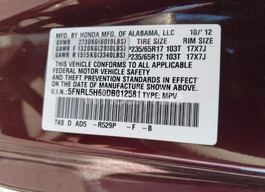 Photo 9 of 2013 Honda Odyssey EX-L (VIN 5FNRL5H60DB012581)