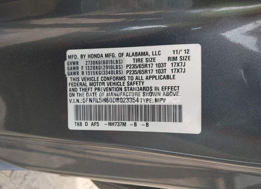 Photo 9 of 2013 Honda Odyssey EX-L (VIN 5FNRL5H60DB023354)