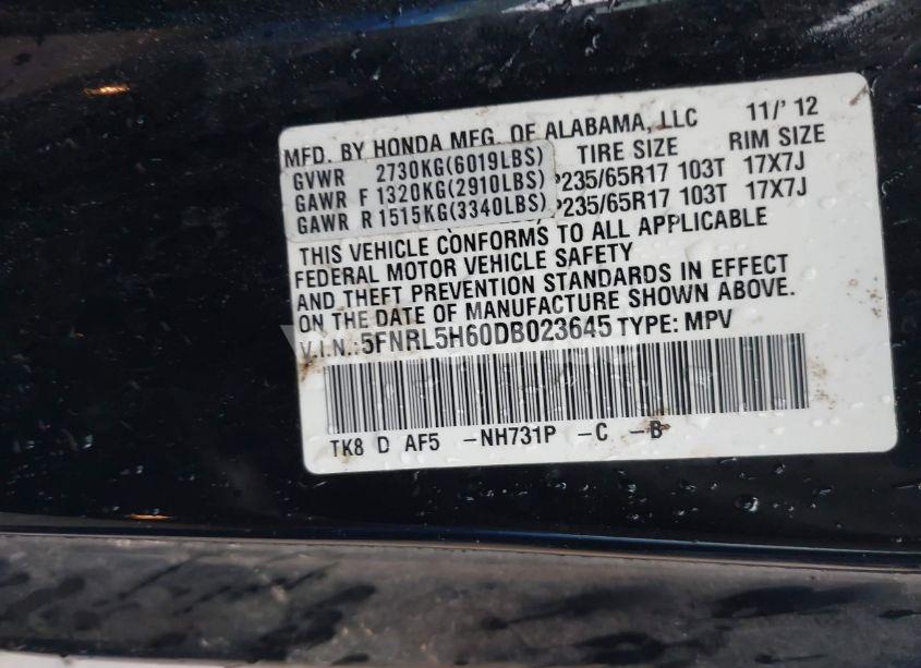 Photo 9 of 2013 Honda Odyssey EX-L (VIN 5FNRL5H60DB023645)