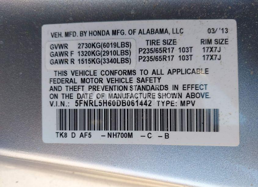 Photo 9 of 2013 Honda Odyssey EX-L (VIN 5FNRL5H60DB061442)