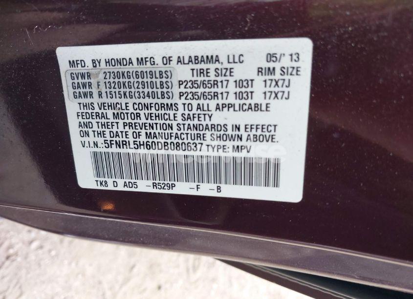 Photo 9 of 2013 Honda Odyssey EX-L (VIN 5FNRL5H60DB080637)