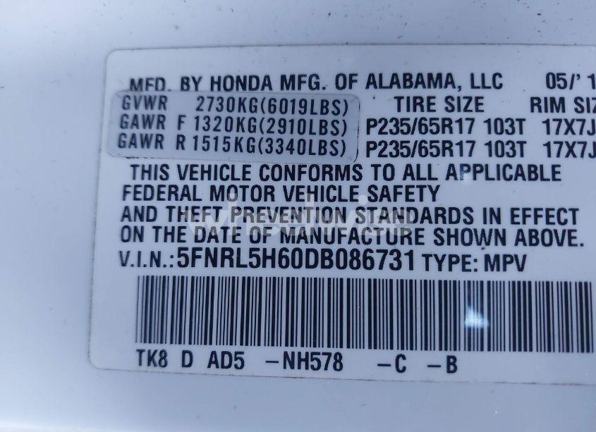 Photo 9 of 2013 Honda Odyssey EX-L (VIN 5FNRL5H60DB086731)